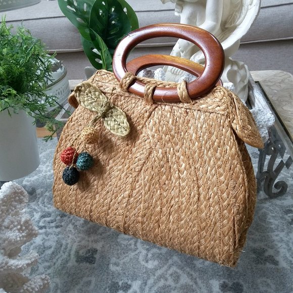 Unbranded Handbags - VINTAGE WOVEN Jute & WOOD Handle HANDBAG